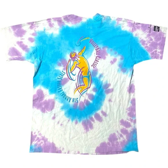 VINTAGE 90s TIE-DYED BLUE PURPLE VOLLEYBALL EASTER SEALS SINGLE STITCH TEE XL - Picture 3 of 10
